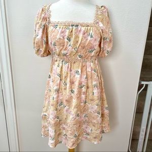 Cottagecore Floral Babydoll Mini Dress Square Neckline Embroidered Trim